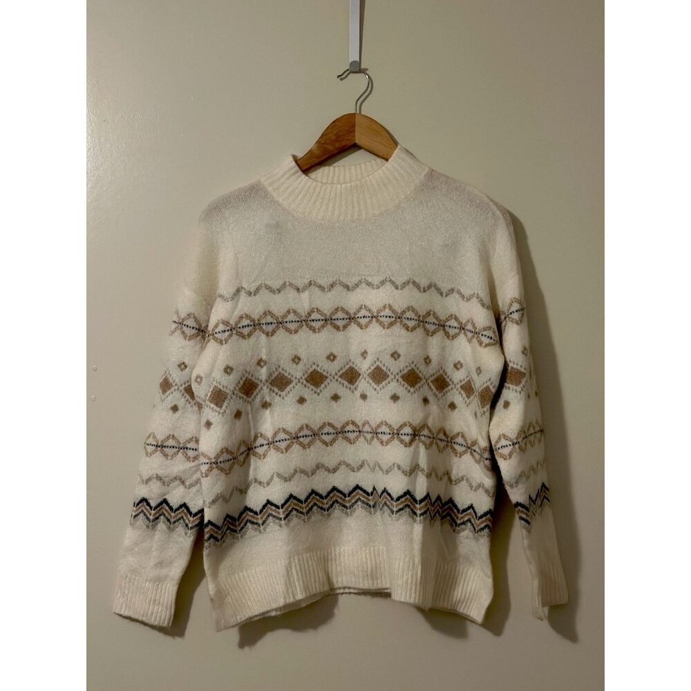 Talbots Women's Sweater Fair Isle Mock Neck Neutral Colors‎ Soft Cozy Size Mp